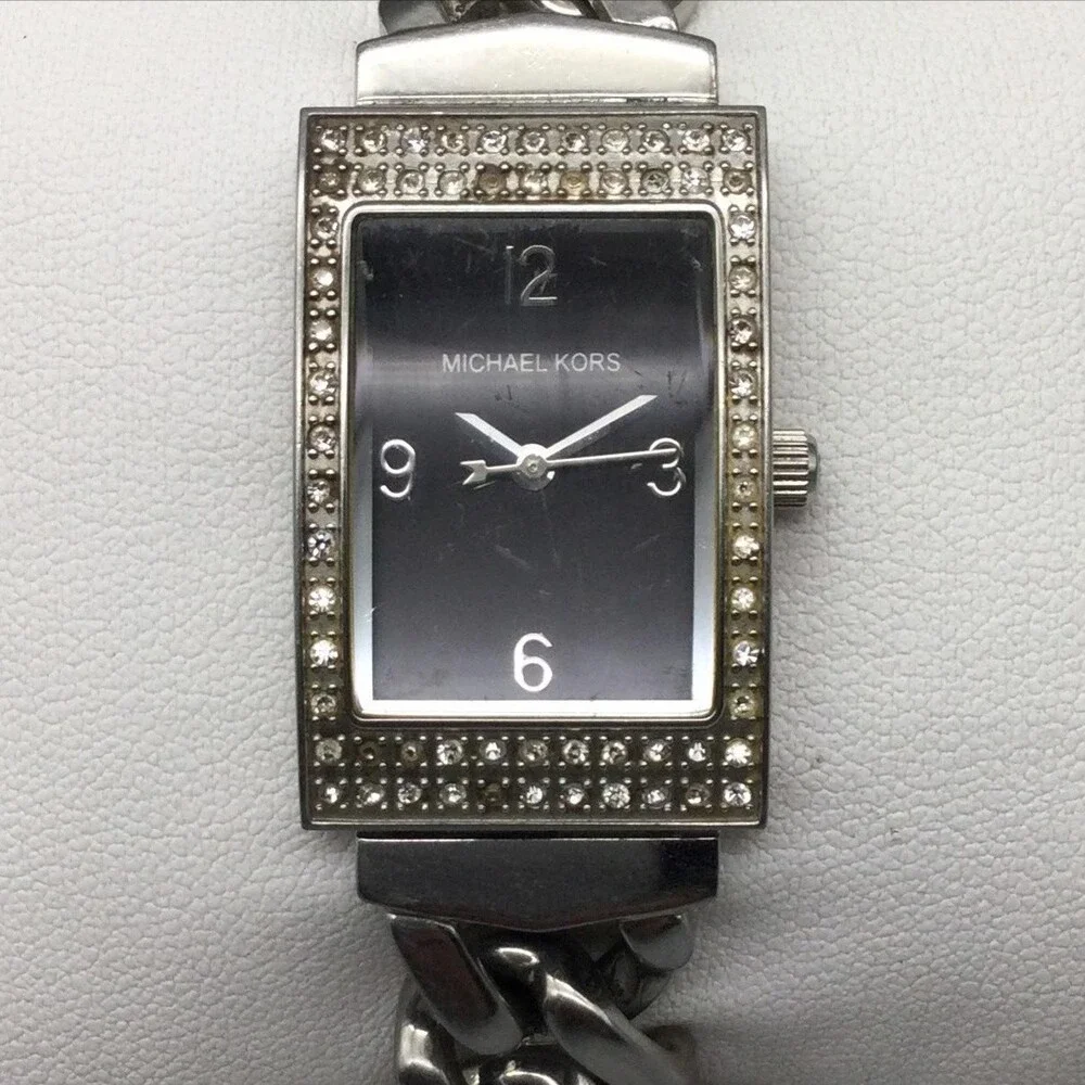 Michael Kors Womens Watch 20mm Black Dial Silver Tone Crystals New Battery 6.75